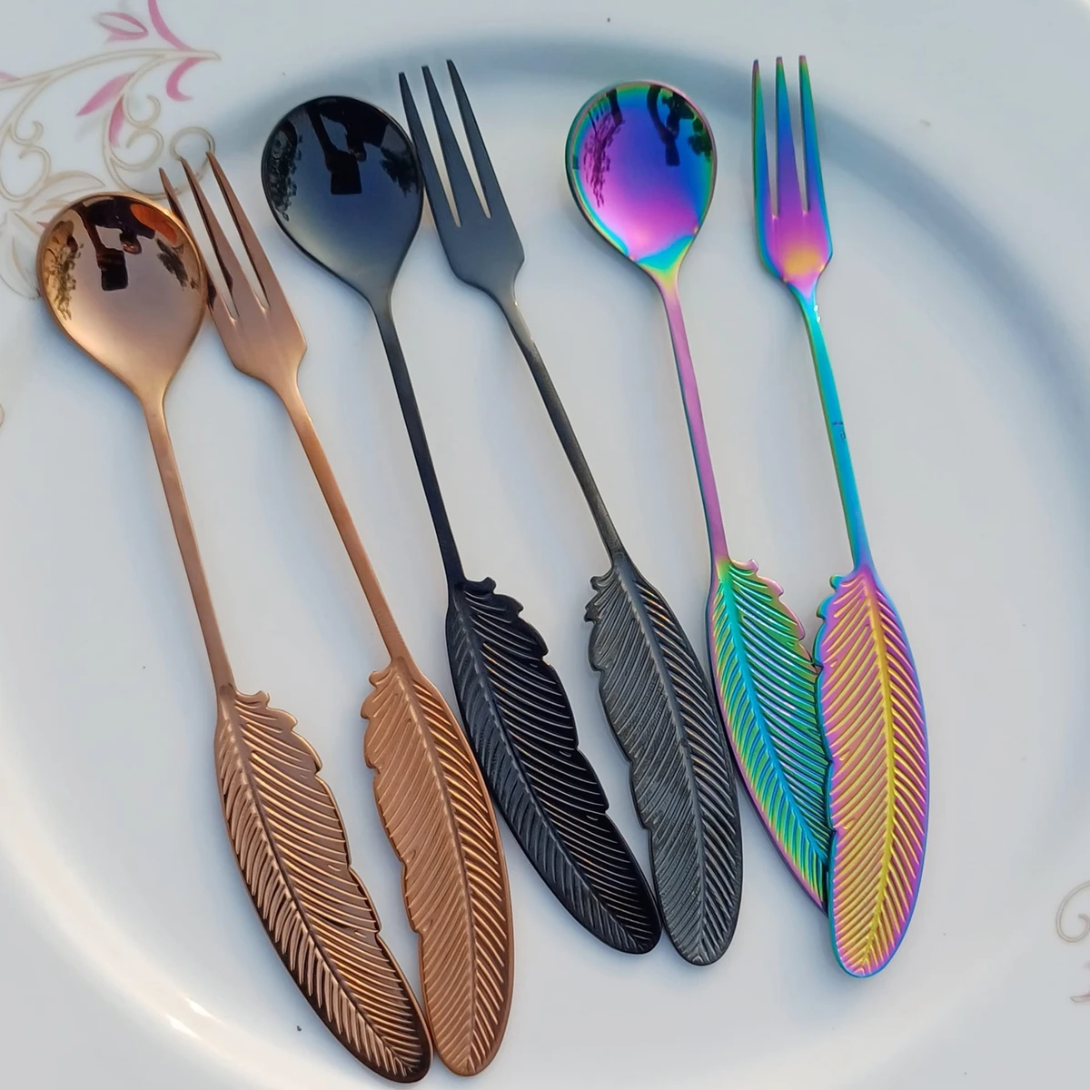 6 Pcs creative feather design stainless steel fork dessert tableware spoon