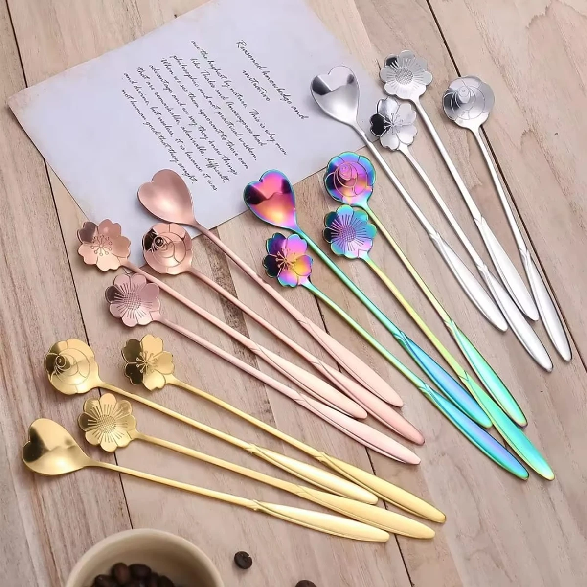 16 Pcs creative stainless steel flower teaspoon set Multiple, Golden & Silver color