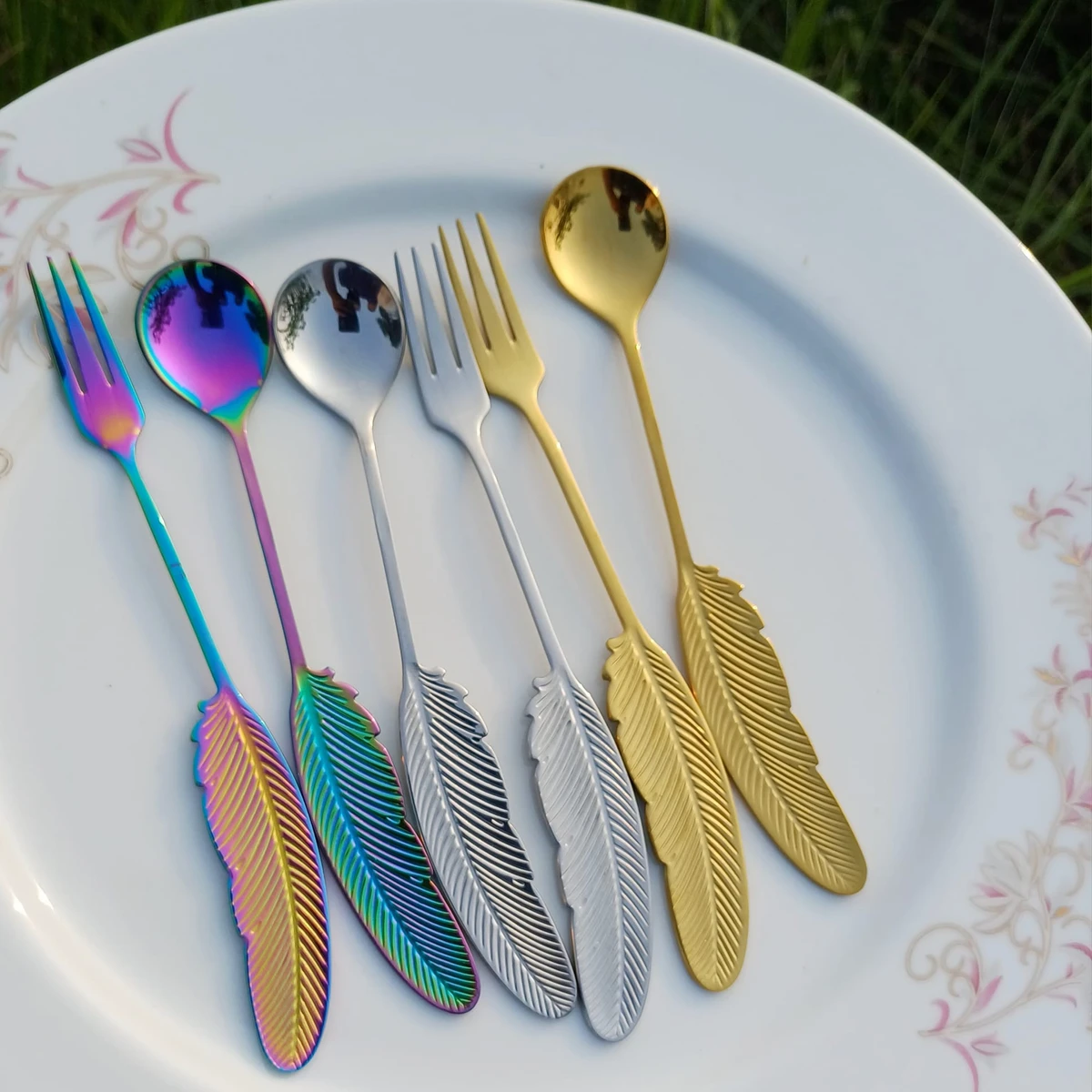 6 Pcs creative feather design stainless steel fork dessert tableware spoon