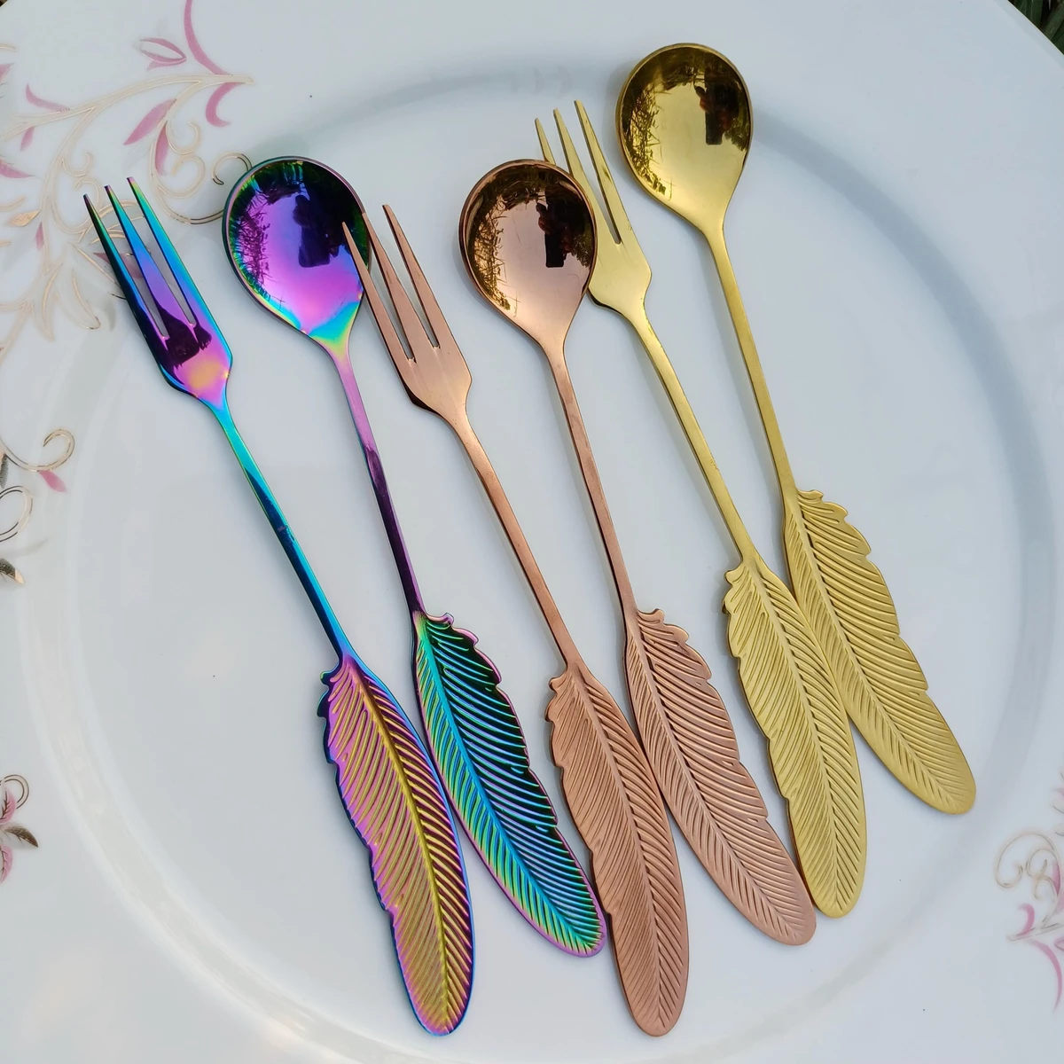 6 Pcs creative feather design stainless steel fork dessert tableware spoon