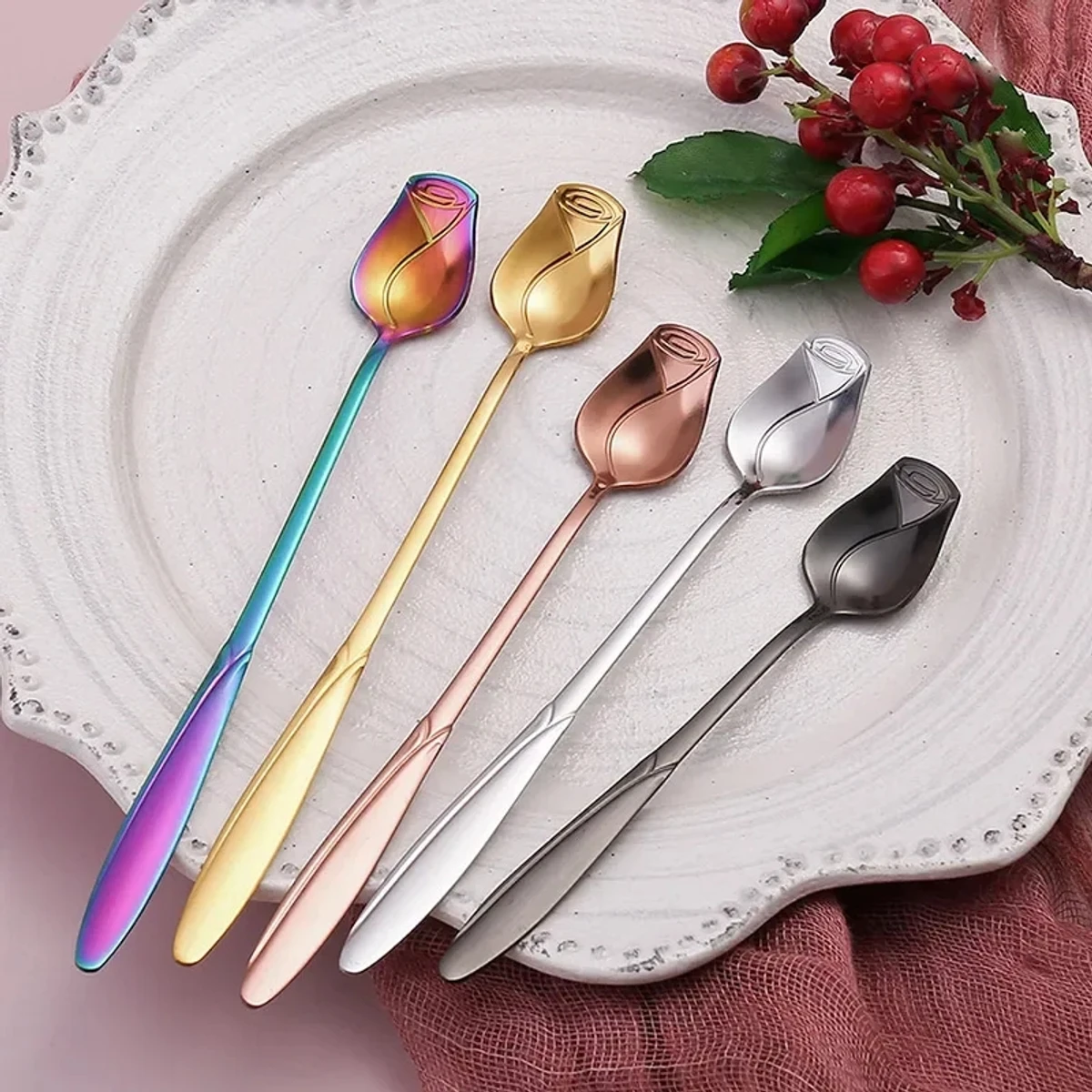 6 Pcs creative small rose design stainless steel baby, dessert & tea spoon - Image 4