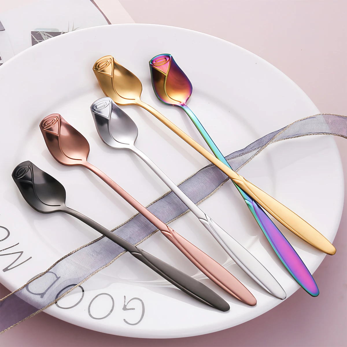 6 Pcs creative small rose design stainless steel baby, dessert & tea spoon