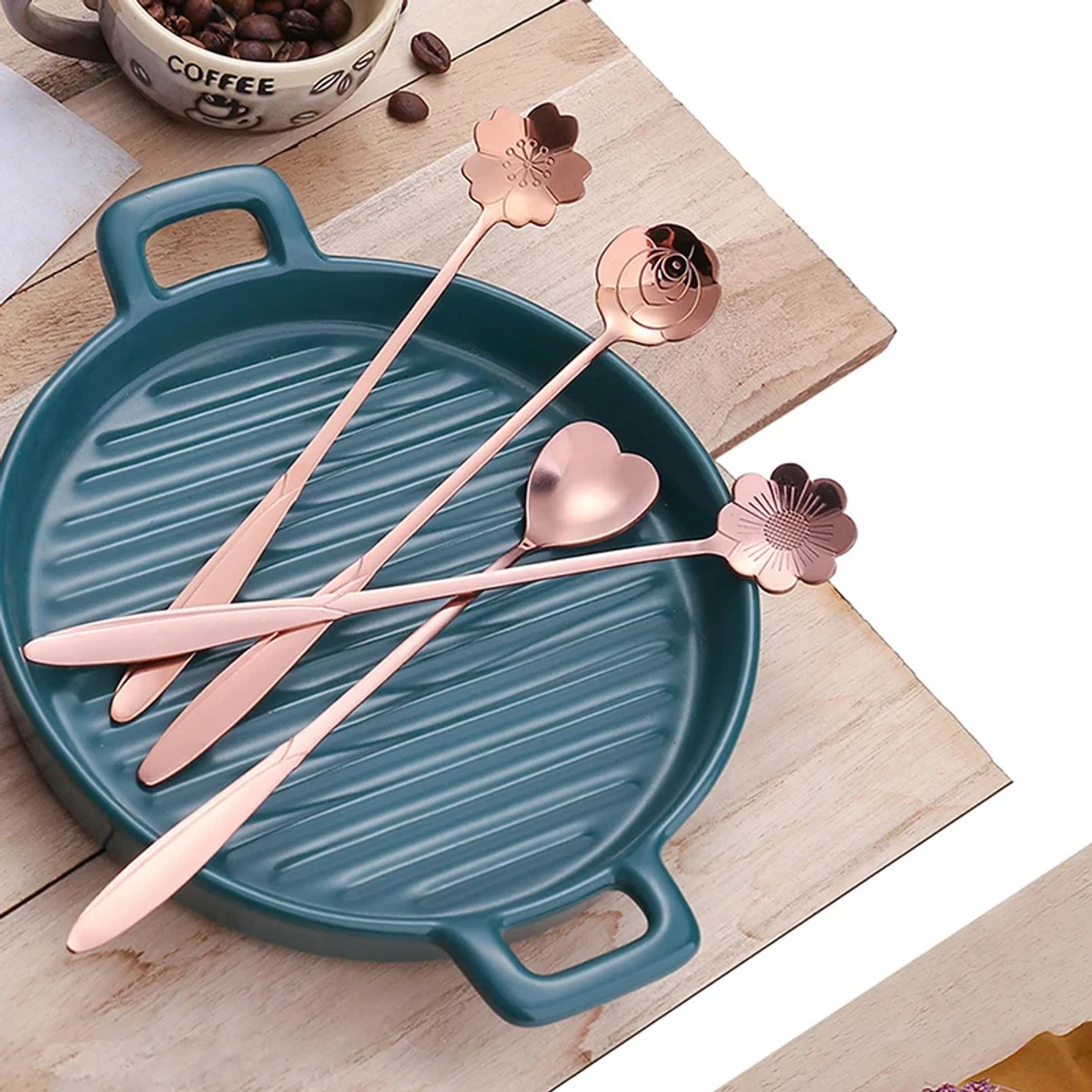 4 Pcs rose gold colour stainless steel flower teaspoon set