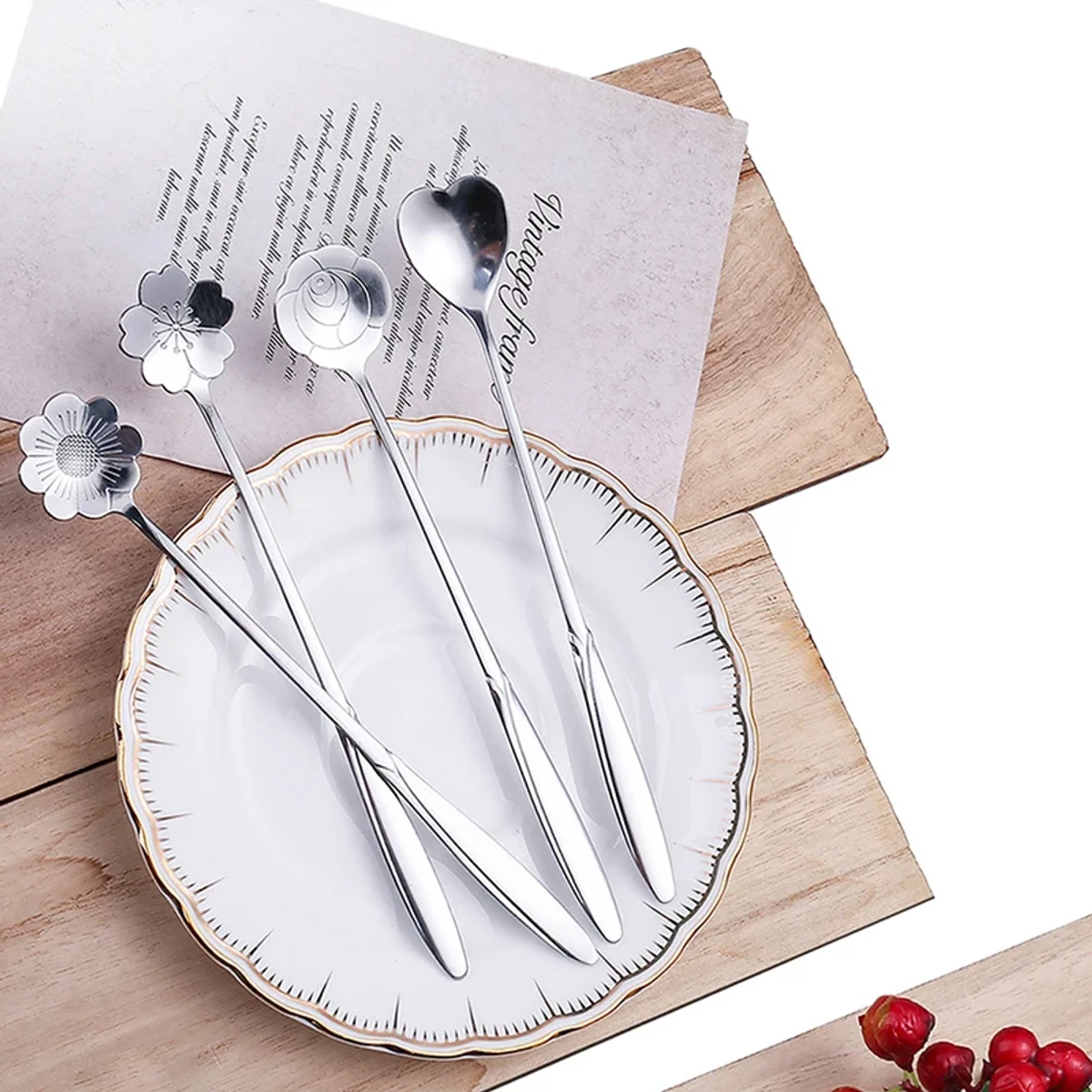 4 Pcs silver colour stainless steel flower teaspoon set