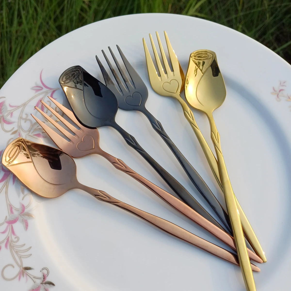 6 Pcs creative rose design stainless steel fork & tableware spoon