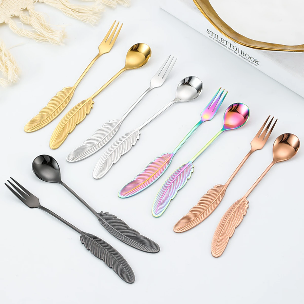 10 Pcs creative feather design stainless steel fork dessert tableware spoon