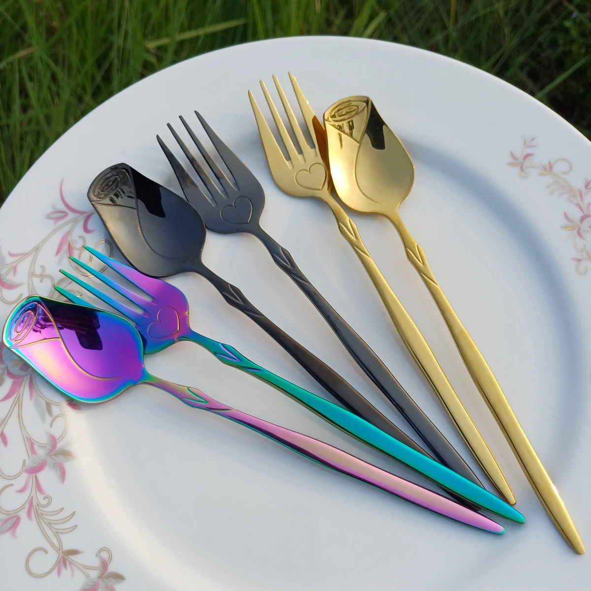 6 Pcs creative rose design stainless steel fork & tableware spoon