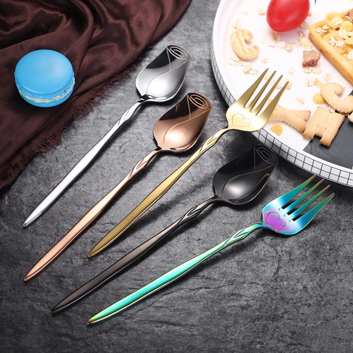 10 Pcs creative rose design stainless steel fork & tableware spoon - Image 5