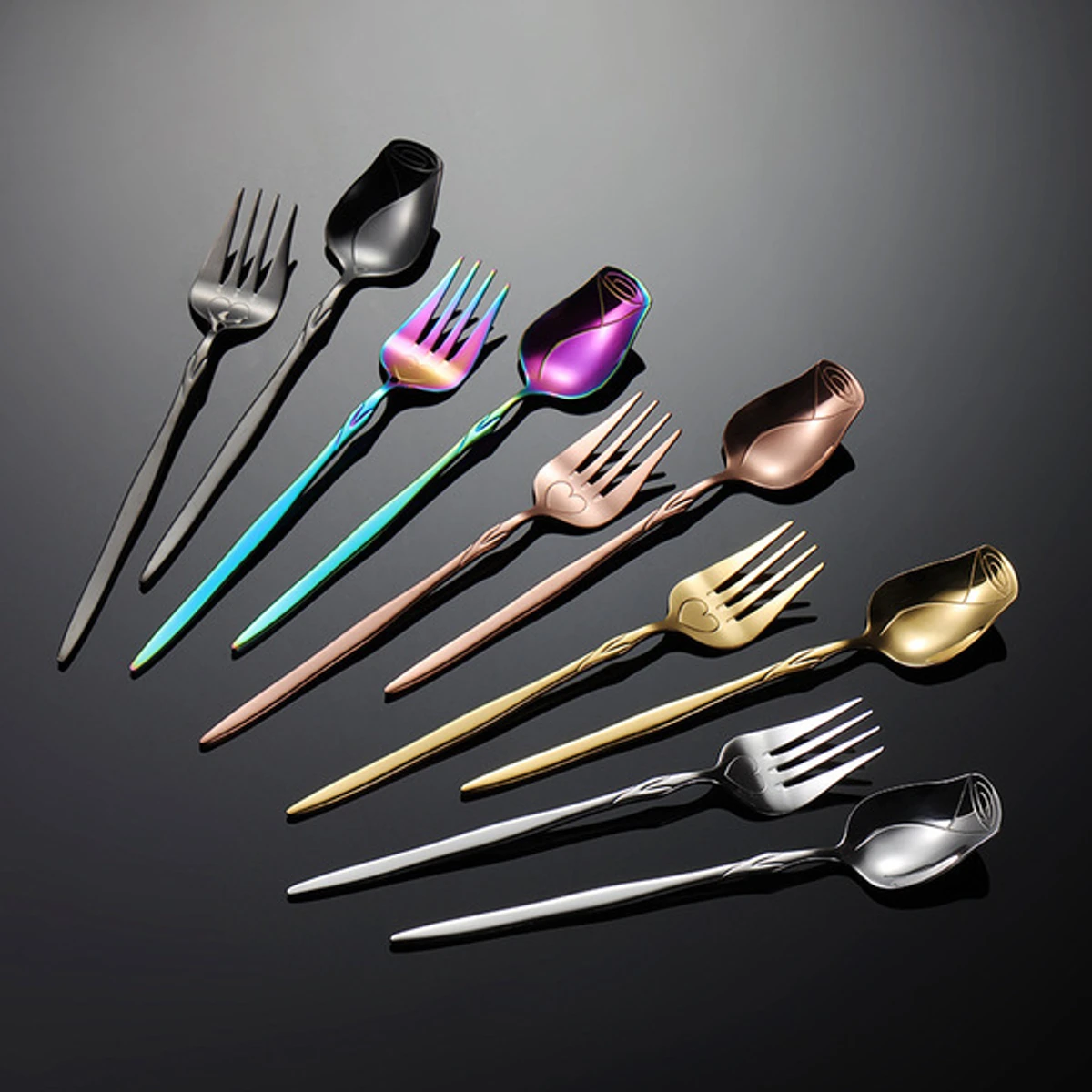 10 Pcs creative rose design stainless steel fork & tableware spoon