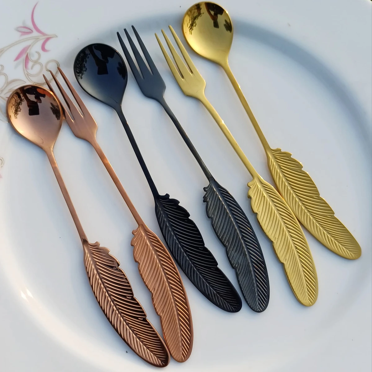 6 Pcs creative feather design stainless steel fork dessert tableware spoon