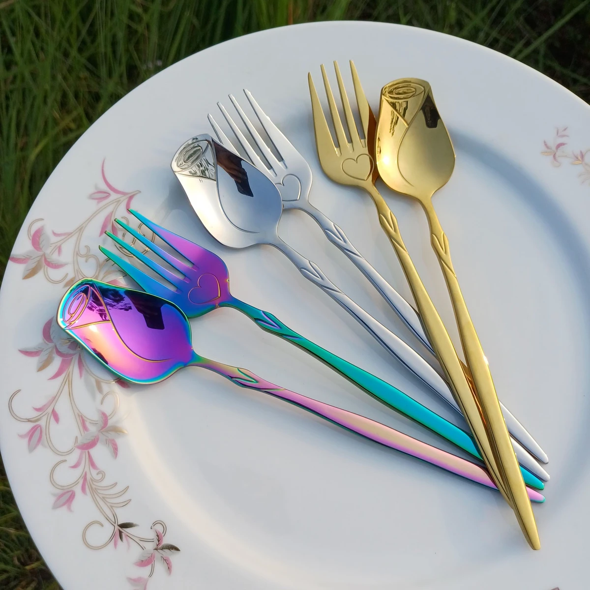 6 Pcs creative rose design stainless steel fork & tableware spoon